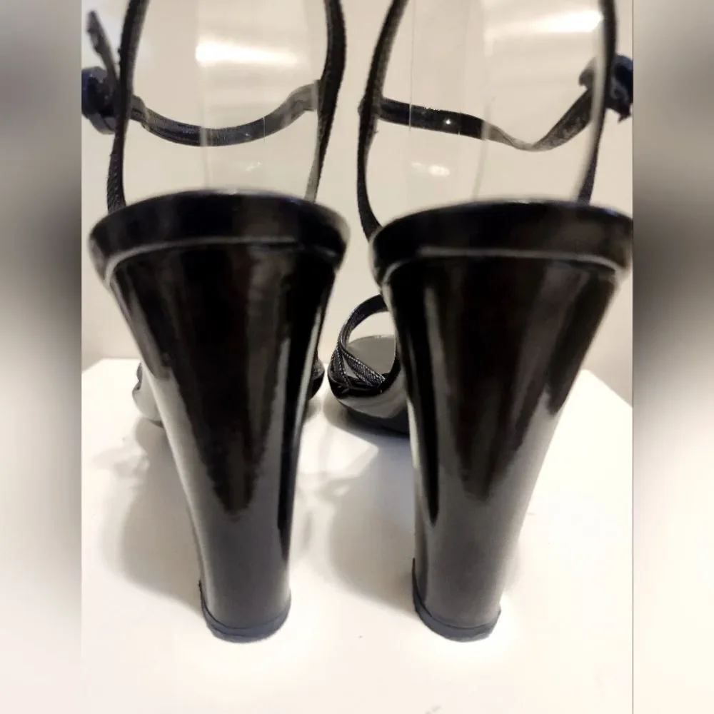 Marc Jacobs Black Patent Leather/Denim Strappy Platform Sandals Sz.7.5/38.5 $495